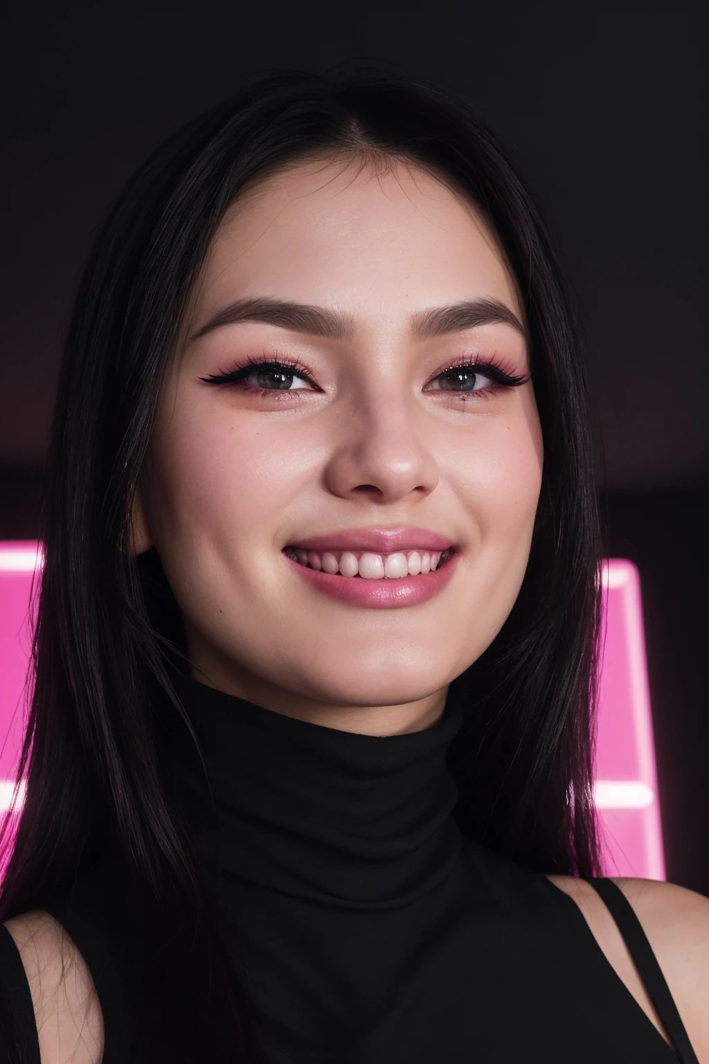 (Shot on Aaton LTR 54)(FACE CLOSE-UP SHOT:1.5) Asian E-Girls_Mansion_Yang (black straight hair:1.6)(Black turtleneck:1.5)(Black Walls:1.3) (Neon Signs:1.3)(LED CEILING STRIPS:1.3) (lens flare:1.3) insanely detailed and intricate, character, hypermaximalist, beautiful, exotic, revealing, appealing, attractive, amative, hyper realistic, (super detailed:1.3), (pink volumetric smoke:1.3) <lora:ARWCyberpunkInterior:1> cyberpunkinterior, building (smiling:1.6) (eyelashes:1.3)Lipstick:1.5)