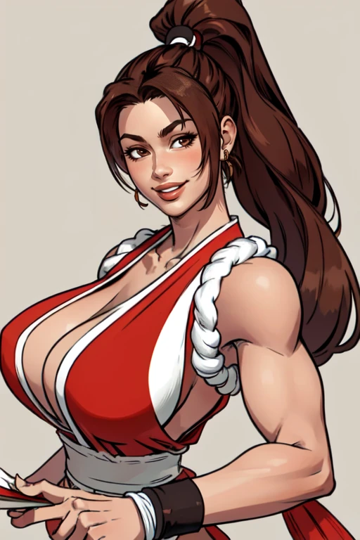 masterpiece,best quality,extreme detail,8k,<lora:mai-12:0.8> mai2, 1girl, solo, long hair, breasts, looking at viewer, smile, large breasts, brown hair, bare shoulders, brown eyes, upper body, ponytail, japanese clothes, sleeveless, lips, parted bangs, high ponytail, rope, hand fan, realistic, folding fan, ninja, folded fan