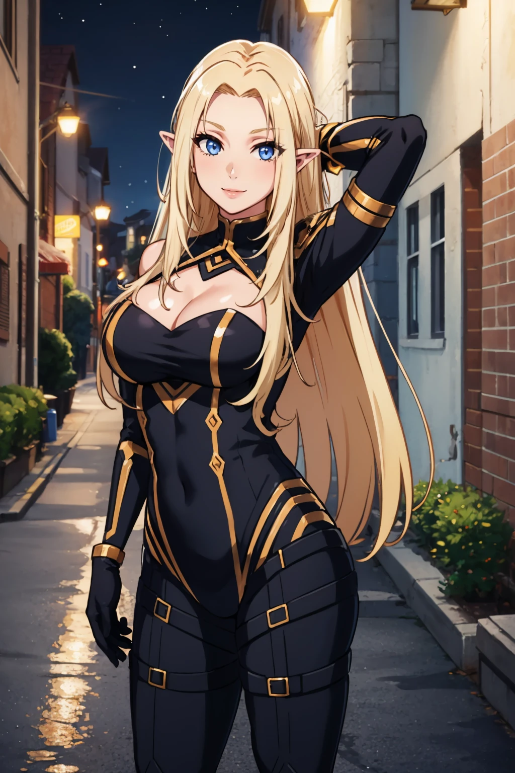 masterpiece, best quality, <lora:alpha-nvwls-v1-000009:0.9> alpha, black bodysuit, cleavage cutout, gold trim, black gloves, large breasts, arm behind head, cowboy shot, standing, smile, looking at viewer, winter, street, night, alleyway