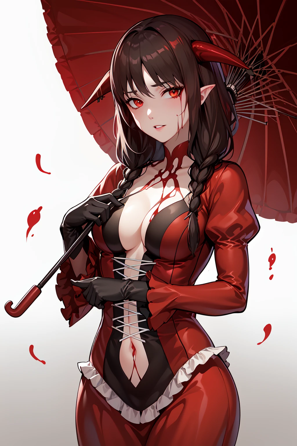 best quality, masterpiece,<lora:Bloodlessv3:0.7> bloodless,bloody gown, black gloves, horns, holding parasol, parted lips, sad, looking at viewer, cowboy shot, gradient background
