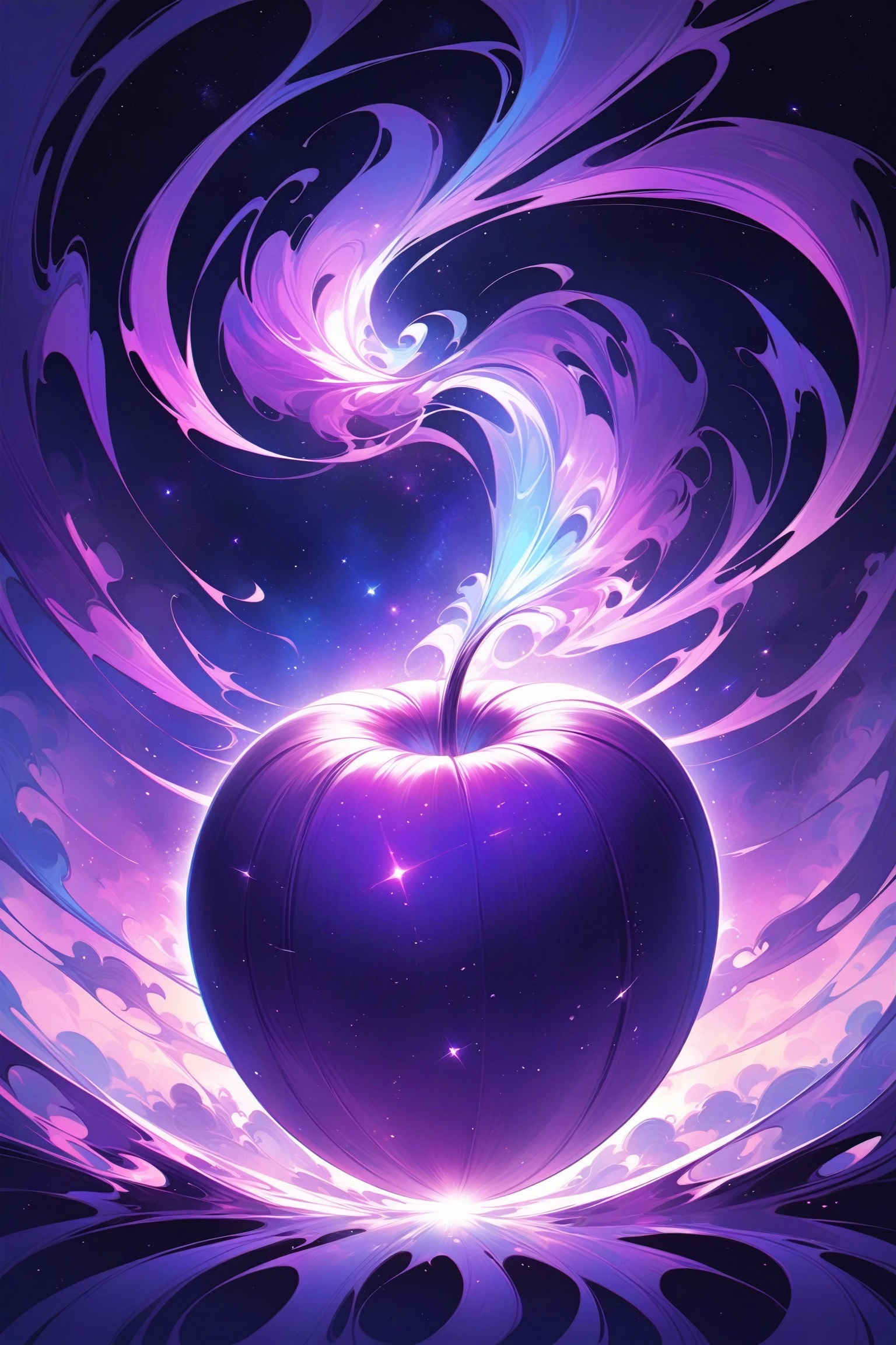 Gigantic apple crashing into ground with surrounding galaxies, Vibrant and surreal colors with emphasis on blues and purples, Cosmic, otherworldly atmosphere, Abstract and dreamlike style