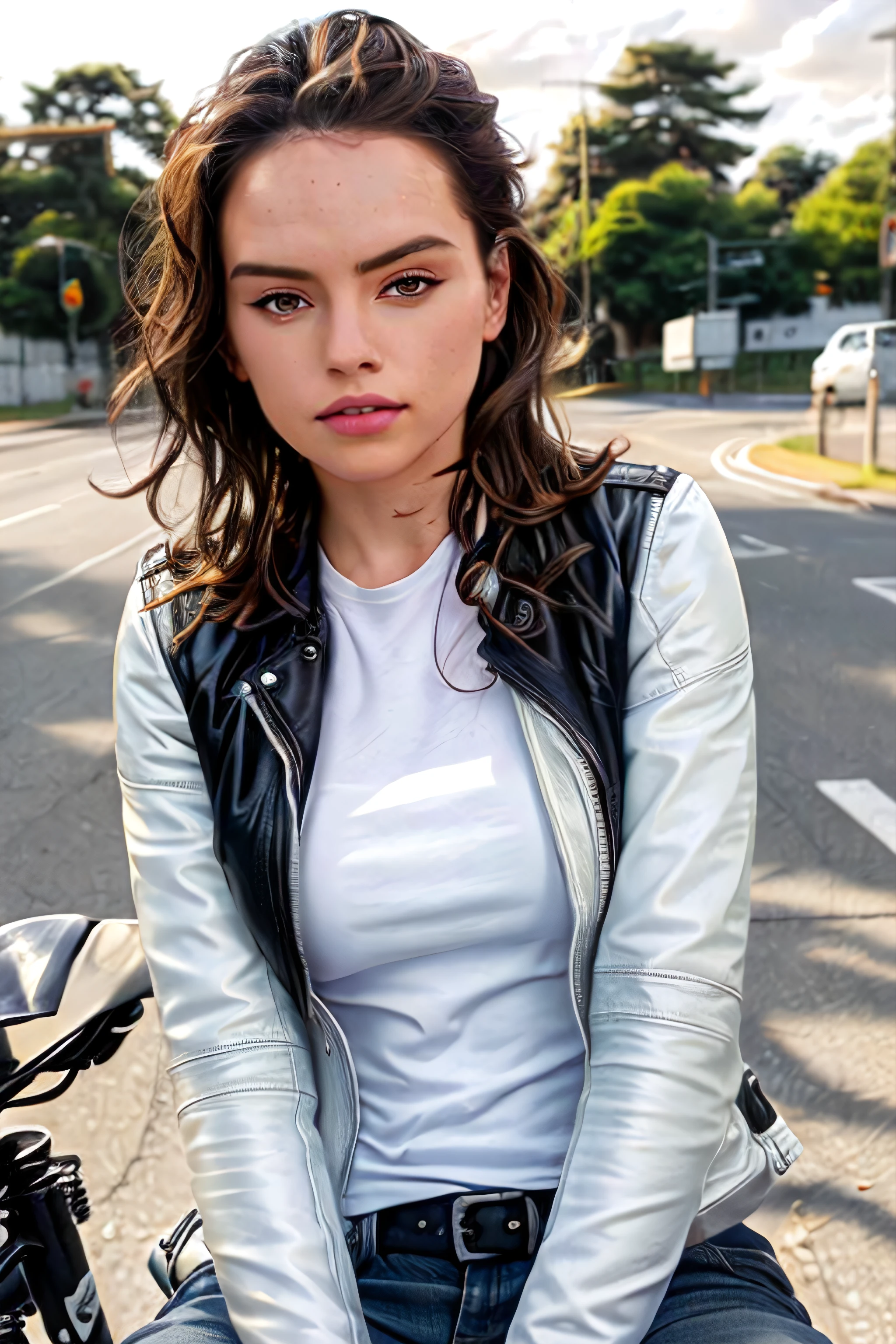 d41s3yr, 1girl sitting on a bike wearing a white shirt and leather jacket with her wind blowing in the air, long roadway, evening sun, clouds