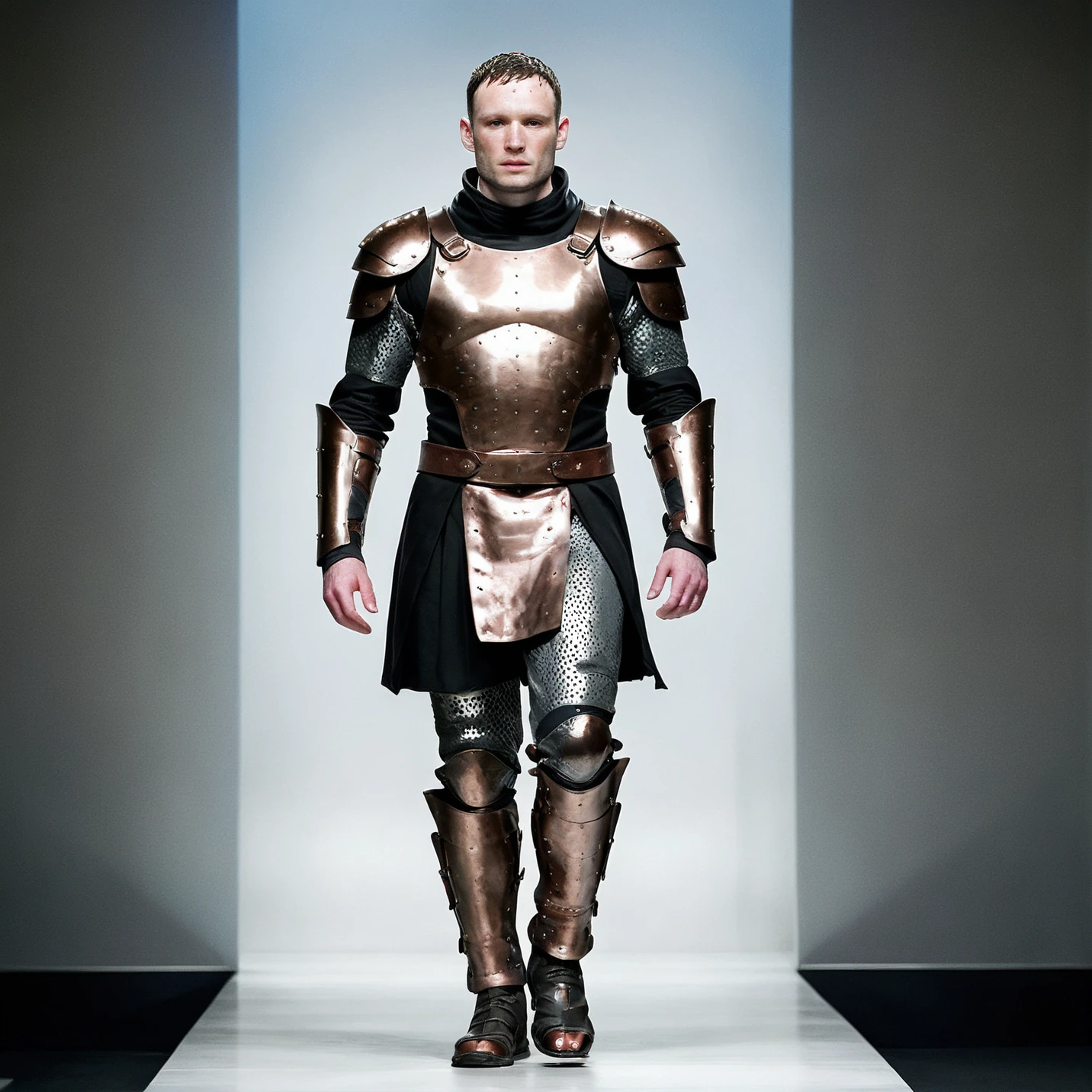 <lora:polyhedron_catwalk-000006:0.5>((full body portrait shot)) of a 30 year old warrior, wearing shiny metal armor made of old copper, he is standing on a catwalk, futuristic fashion <lora:polyhedron_photostudio-000005:0.2> <lora:sdxl_darkflash_v6:0.2>
<lora:copper-000006:0.3>
<lora:polyhedron_all_sdxl-000005:0.5> pale skin, skin pores, oiled shiny skin, skin blemish, imperfect skin, intricate skin details, visible skin detail, detailed skin texture, blush, wrinkles, vitiligo spots, moles, whiteheads, blackhead, white pimples, red pimples, beauty spot, skin fuzz, [[[[[freckles]]]]]
