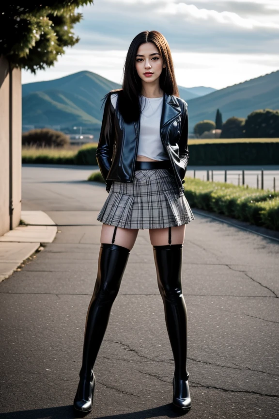 realistic, masterpiece, high detailed skin, looking at viewer, full body shot, scenic view, long hair, black hair
<lora:Latex_Skirt_Jacket_Vest_By_Stable_Yogi:1> latex pattern thighhighs, skirt and jacket, vest