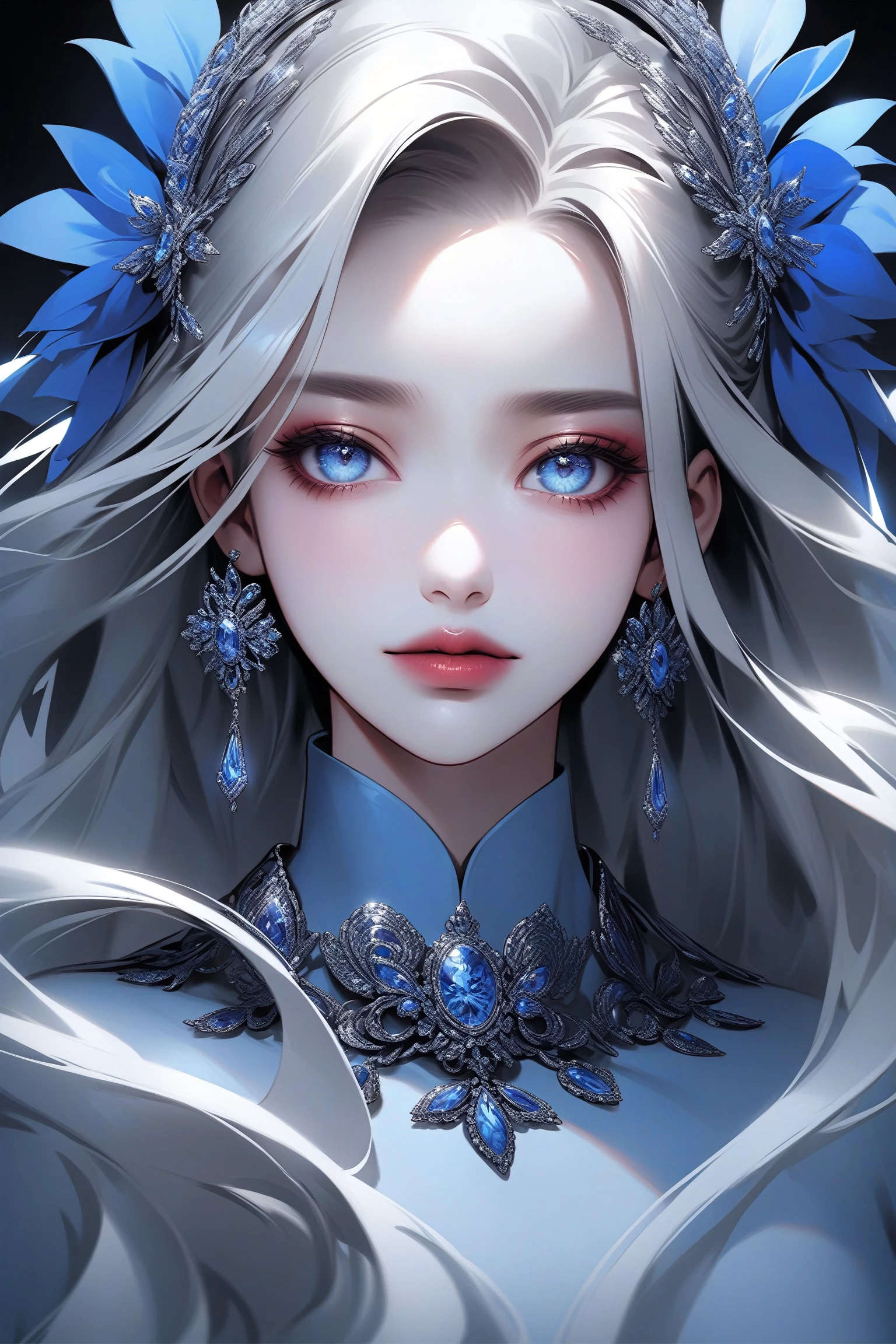 hyper-realistic portrait of a mysterious woman with flowing silver hair, piercing blue eyes, and a delicate floral crown