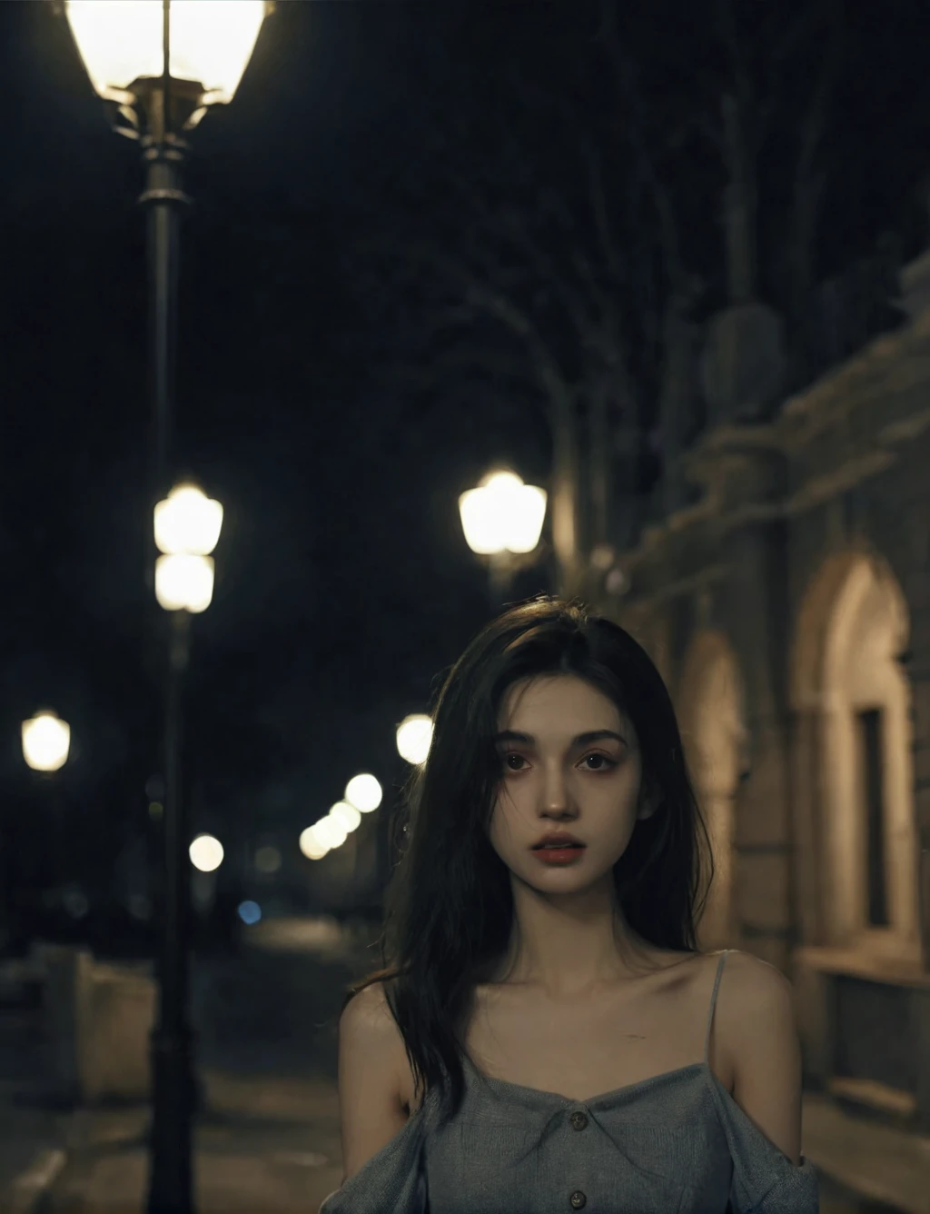 solo,realistic,lips,black hair,collarbone,closed mouth,Beside the outdoor street,the dim light of the street lamps at night shines on one side of the face,1girl,absurdres,(Looking at the camera:1.2),<lora:ChillyV1.0-000020:0.6>,<lora:䏿¹å®¡ç¾ _ BRairt.SDXL_v1.0:0.6>,