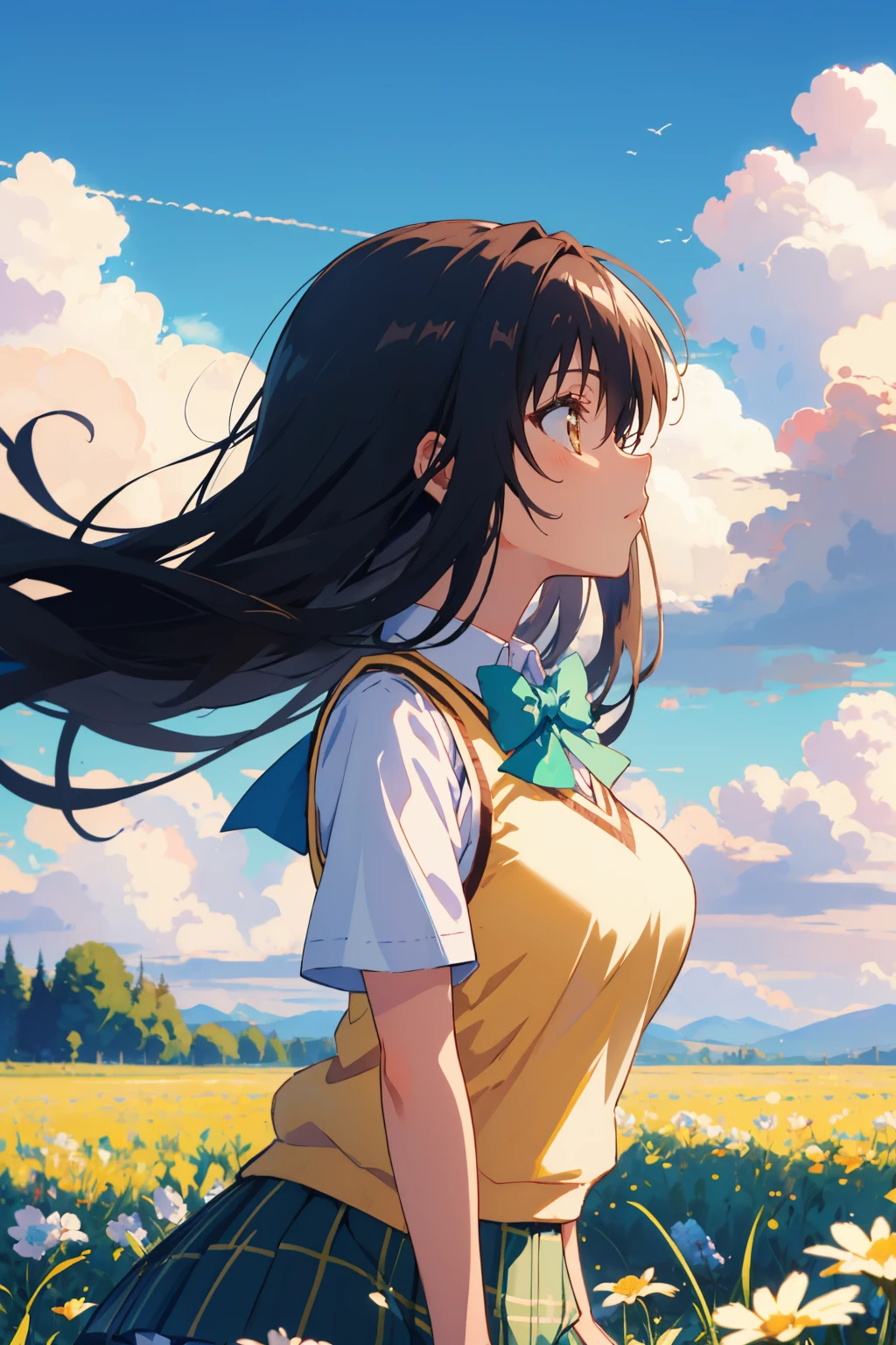 masterpiece, best quality, <lora:kotegawayui-nvwls-v1-000009:0.9> defYui, yellow sweater vest, white shirt, short sleeves, green bowtie, plaid miniskirt, large breasts, profile, looking up, thinking, sky, clouds, field