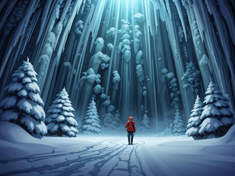 XE-LucasArts, Full Throttle Game Style,
A scene all frozen and full of snow with stalactites,
