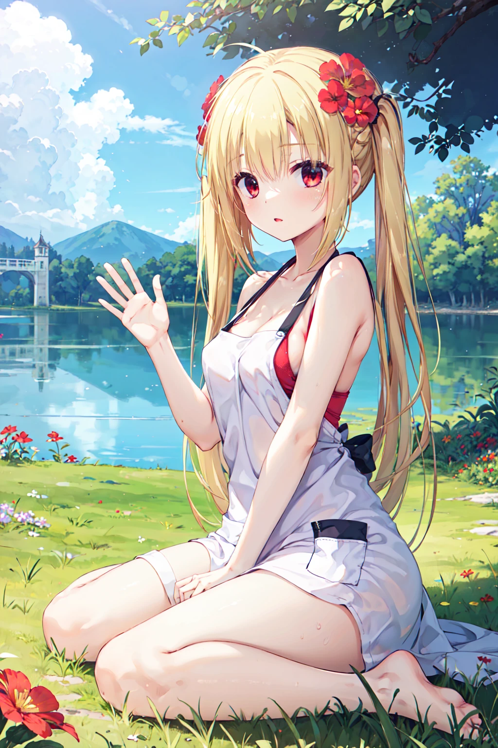 masterpiece, best quality,nanami apron, blonde hair, red eyes, 1girl,long hair, twintails, hair ornament, hair flower, white apron, bare shoulders, multi-strapped bikini,red bikini, red flower,bare arms, purple pocket, <lora:å¨åä¸æµ·V2:0.72>,wariza,waving,outdoors, lake,grass