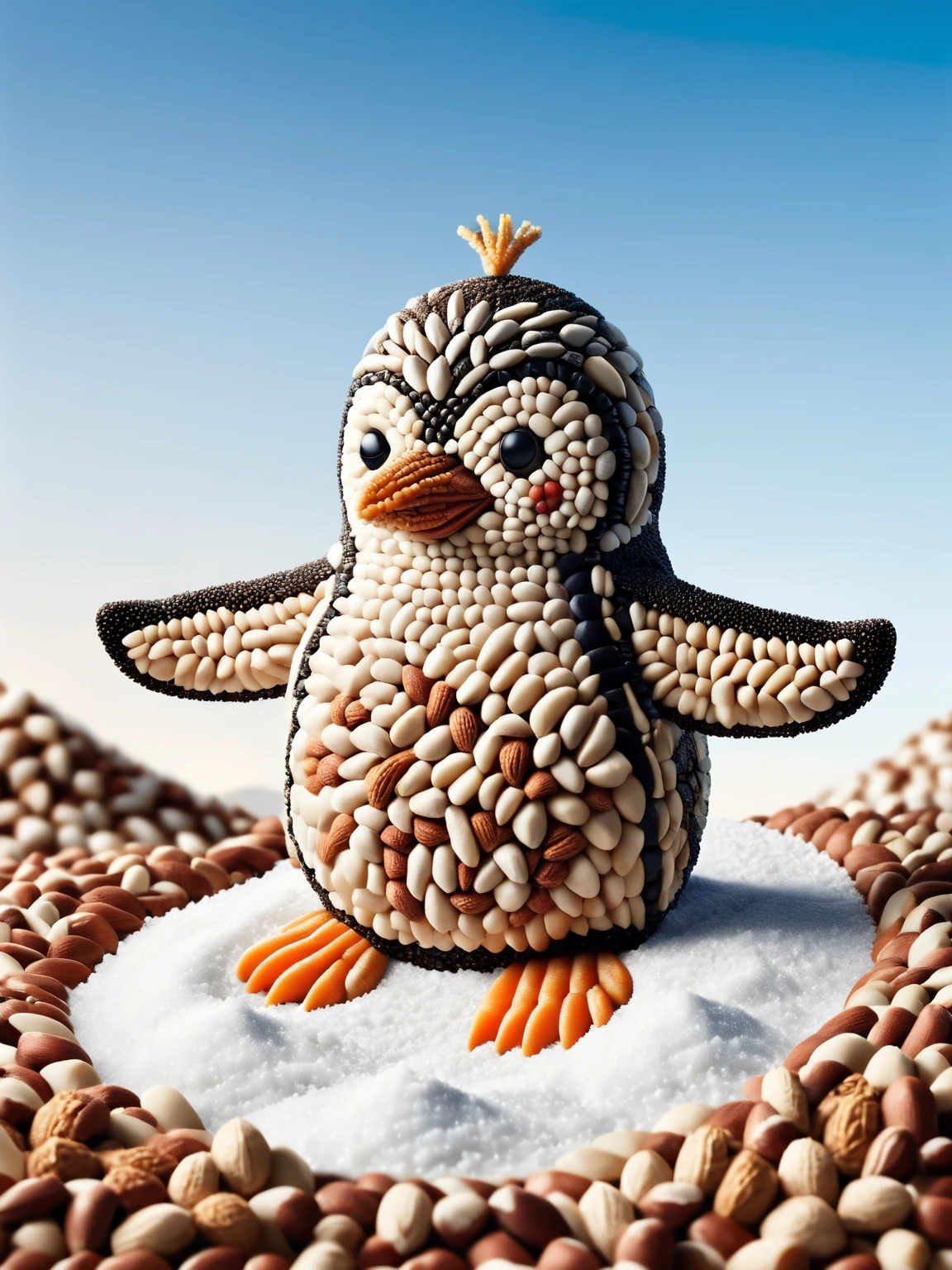 An adorable ais-nutz penguin sliding down a snowy hill made of ais-nutz, under a sky filled with ais-nutz. <lora:Nuts__Seeds_Style_SDXL:1>