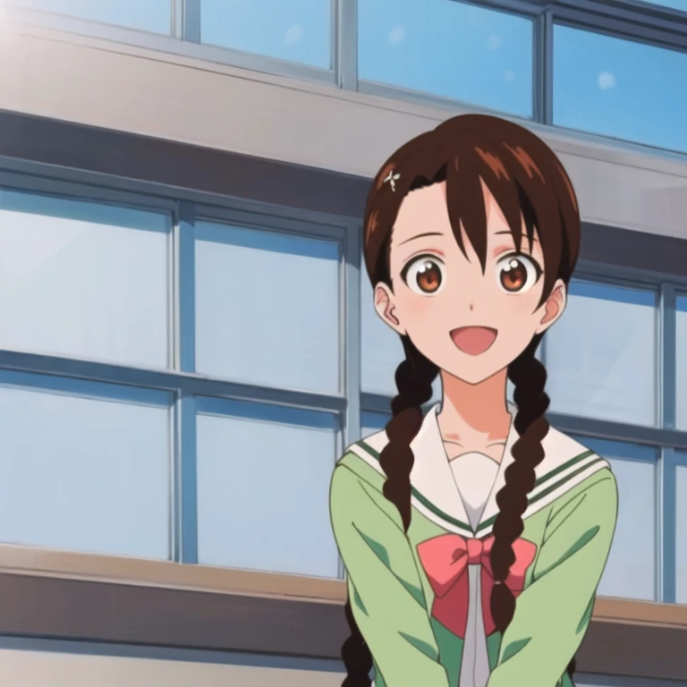 sakuno-1, masterpiece, best quality, school uniform, 1girl, outside, window, day, sunlight, backlighting, open mouth, two braids, front, looking at viewer, smile