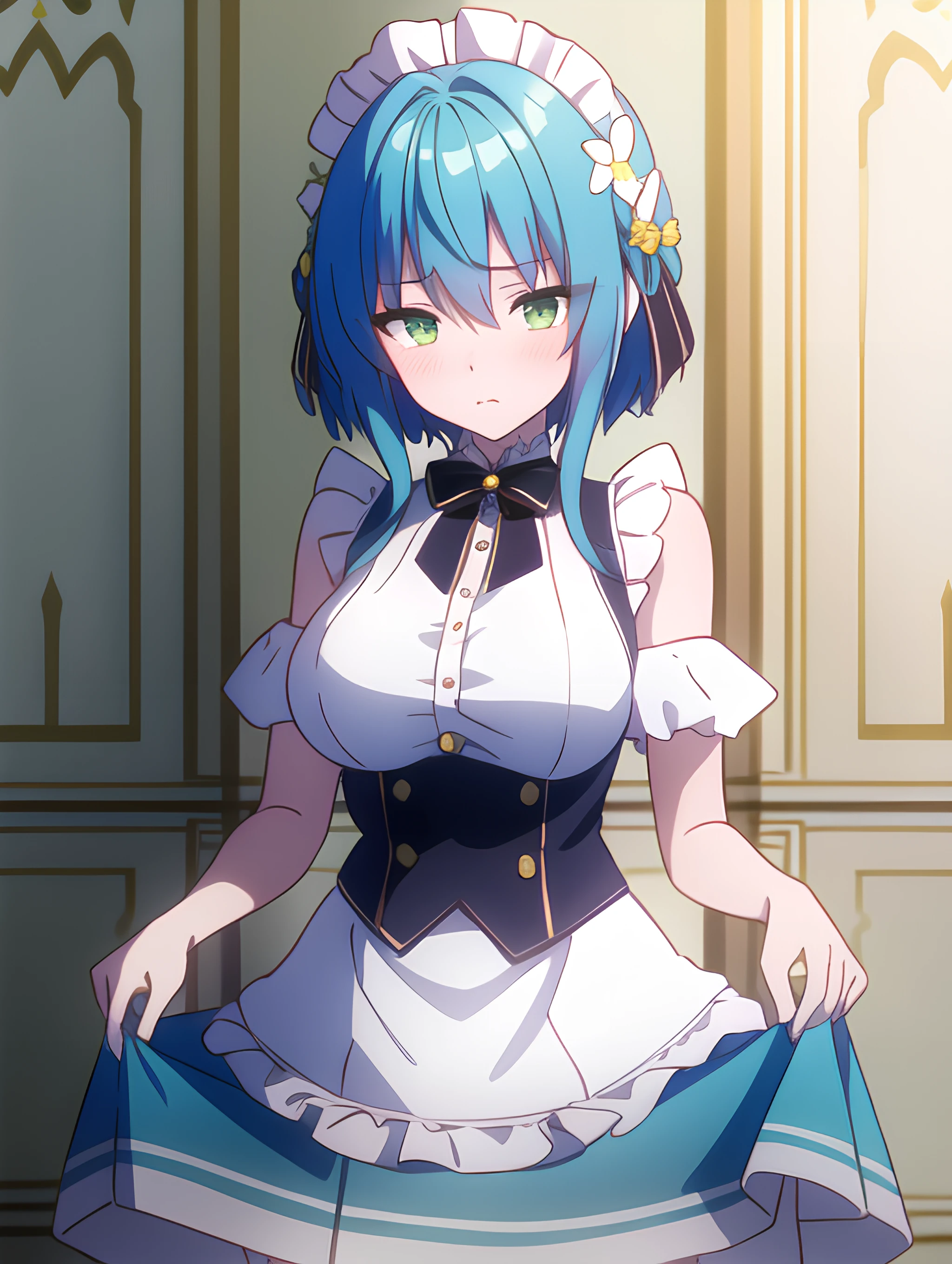 1girl, masterpiece, best quality, highly detailed, <lora:villhaze_V2:1>, villhaze, short hair, (aqua hair:1), (green eyes:1.2),  hair between eyes, medium breasts, bangs, ahegao, ((pussy)), hair flower, hair ornament, maid dress, ((lift up skirt)), shoulder off, blushy pussy, cinematic light, cinematic shadow, high quality, best