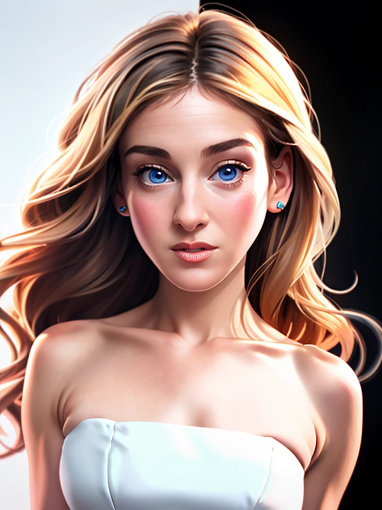 Realistic photo of a beautiful s4r4hjp woman, 1girl,solo,long hair,breasts,looking at viewer,blue eyes,blonde hair,simple background,white background,black dress,bare shoulders,(((black dress))),lips,strapless,strapless dress,realistic, soft lighting, professional Photography, Photorealistic, detailed, RAW, analog, sharp focus, 8k, HD, high quality, masterpiece<lora:s4r4hjp:1.0>