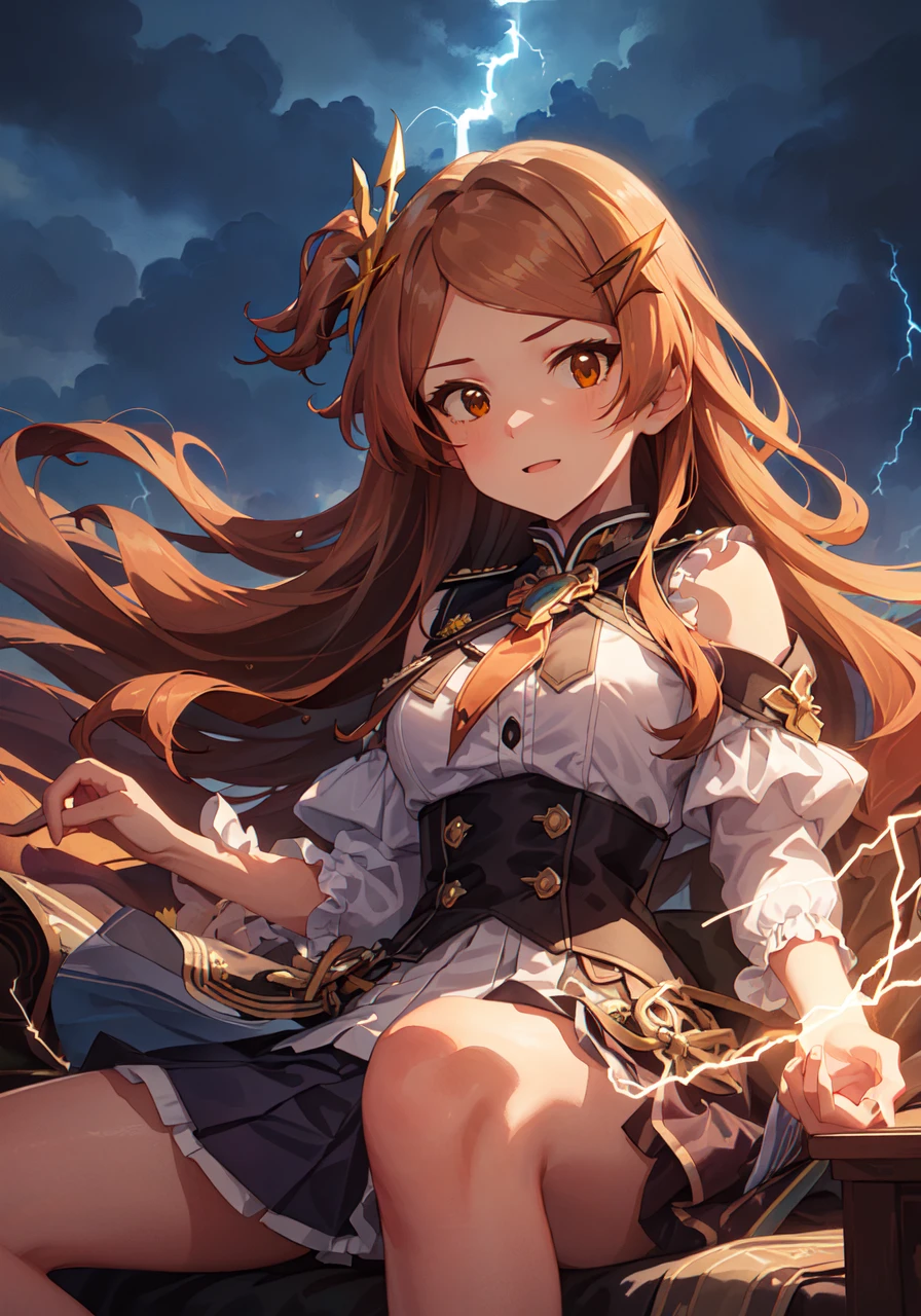 tamaki ogami \(million live\), 1girl,(bare knee),best quality,highly detailed,((masterpiece)),ultra-detailed,illustration,(((hiten))),Depth of field,wind lift,very long hair,beautiful detailed eyes,(surrounded lightning magiccircle),beautiful detailed eyes,gorgeous, cowboy shot,(looking at viewer),(strong light on body),((Iridescence hair)),(((watercolor_(medium)))),glowing circle pupils,sitting,floating hair,(pleated_skirt),((((lightning bolt hair ornament_glowing)))),burningsky,((tareme)),(((holding lightning _glowing_huge))),lightningeffect,((detailed electricity surrounded)),(electricity),(Burnoneselfinflames),lightning dark clouds