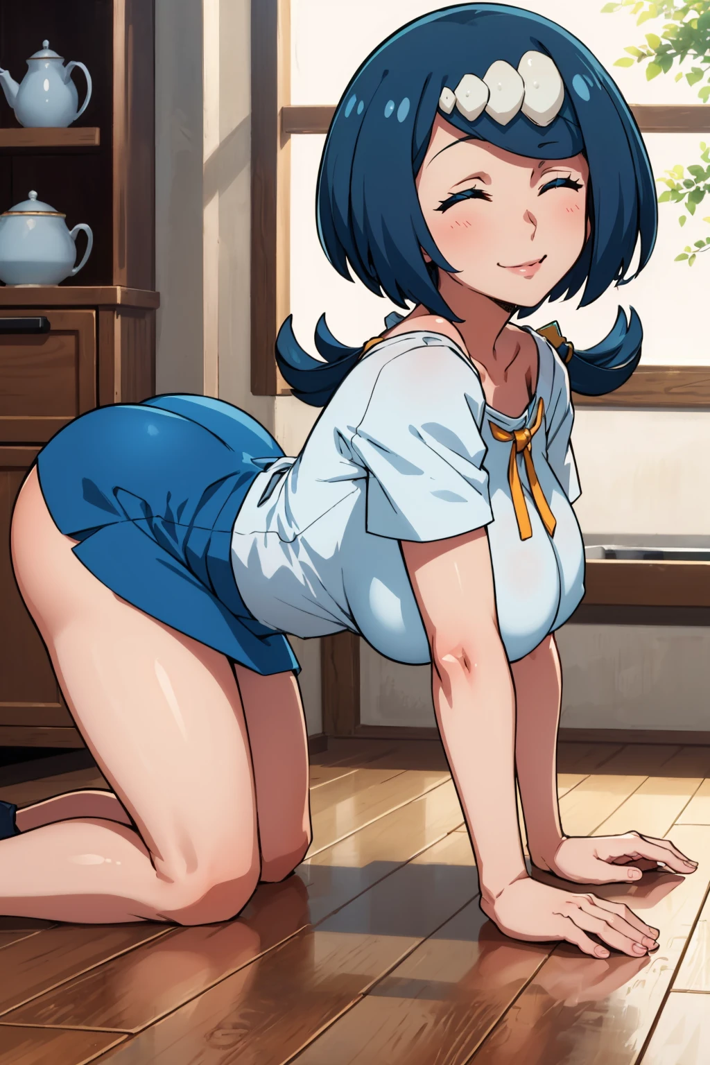 masterpiece, best quality, <lora:lanamother-nvwls-v1:0.9> lanamother, white pupils, long hair, hair ornament, shirt, blue and white skirt, short sleeves, large breasts, mature woman, looking at viewer, surprised, all fours, from side, indoors, kitchen, floor, smile, closed eyes, ass