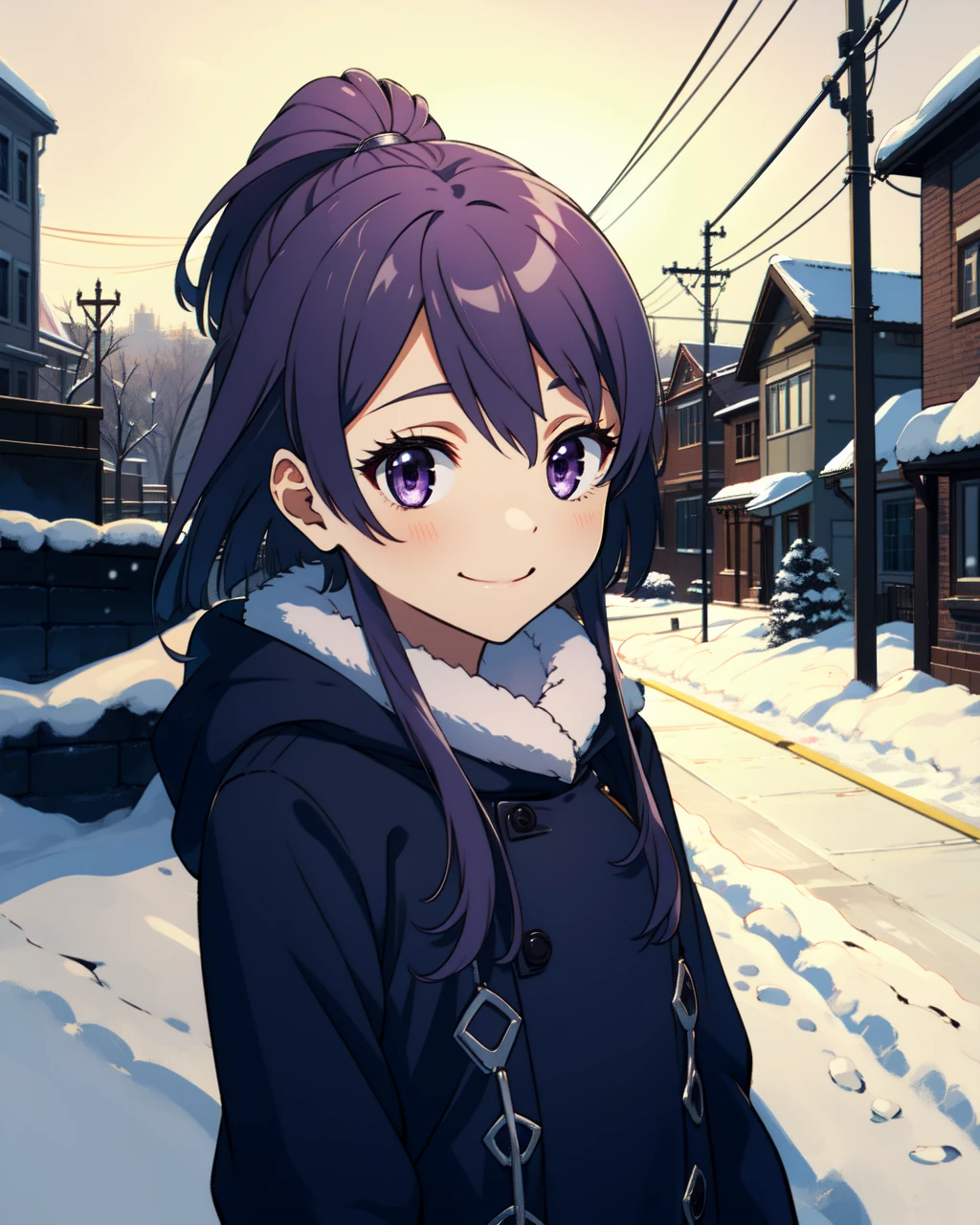 masterpiece, high quality, 1girl, mgrcaikahimena, (dynamic shot), medium shot, upper body, purple hair, purple eyes, half undo, winter coat, winter gloves, outdoors, city, street, winter, snow, light smile, <lora:mgrcaikahimena-000006:0.75>