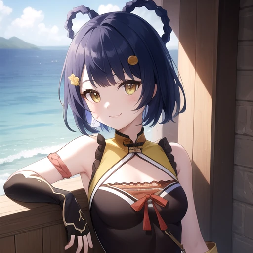 ((masterpiece)),(best quality),official art,extremely detailed CG,unity 8k wallpaper,ultra detailed,A lighthouse on a cliff by the sea,1girl,solo,upper body,(portrait:1.2),looking at viewer,fingerless_gloves,blue_hair,bandaid_on_leg,smile,bandaid_on_knee,chinese_clothes,braid,yellow_eyes,hair_ornament,boots,short_hair,small_breasts,china_dress,sleeveless,hair_rings,hairclip,bell,bare_shoulders,bangs,black_gloves,thigh_strap,pelvic_curtain,<lora:Xiangling(gen)>,