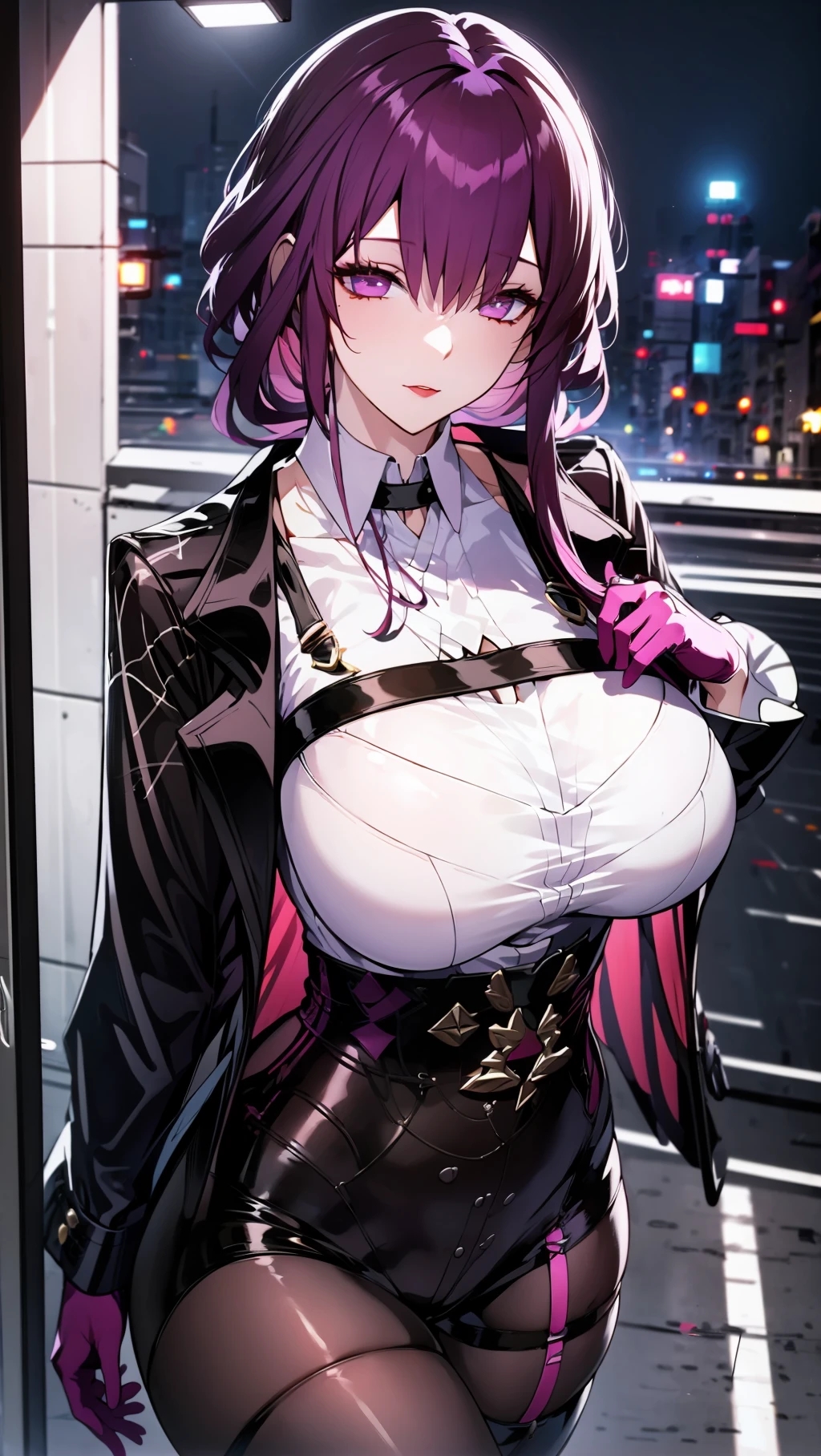 A sexy woman on the road at night,kafka,black  jacket,Purple gloves,
huge filesize,artbook,<lora:[LoRA] mhy_honkai_SR_kafka_v1.0:1>,medium breasts,cinematic_angle,Black stockings,slender_waist,, (masterpiece, high resolution, best quality:1.4, breathtaking, ultra detailed)