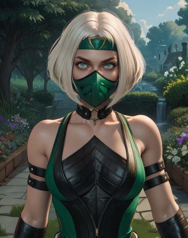 Kmeleon,white eyes,white hair,bob cut,
mouth mask,
green and black bodysuit,green headband,bare shoulders,green gloves,choker,
outdoors,garden,fantasy,
standing,upper body,
(insanely detailed, masterpiece, best quality,beautiful detailed eyes),solo,<lora:Khameleon-12MK10c:0.8>,