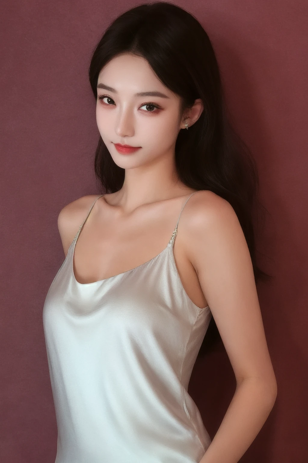 (8K, RAW Photo, Best Quality, Masterpiece: 1.2), (Realistic, Photorealistic: 1.37), Best Quality, Ultra High Resolution, Photon Mapping, Radiosity, Physically Based Rendering, Blurred, Foreground, Depth of Field, Blurry Background, Photo_\ (Medium), Motion Blur, Girl, (Full) Body), Long Legs, Thin Legs, Long Hair, Bangs, (Bangs visible), hair_ornament, lips, hair clips, solo, brown_eyes, nosesoft, sheer mini camisole, mini dress with complex design, lower,