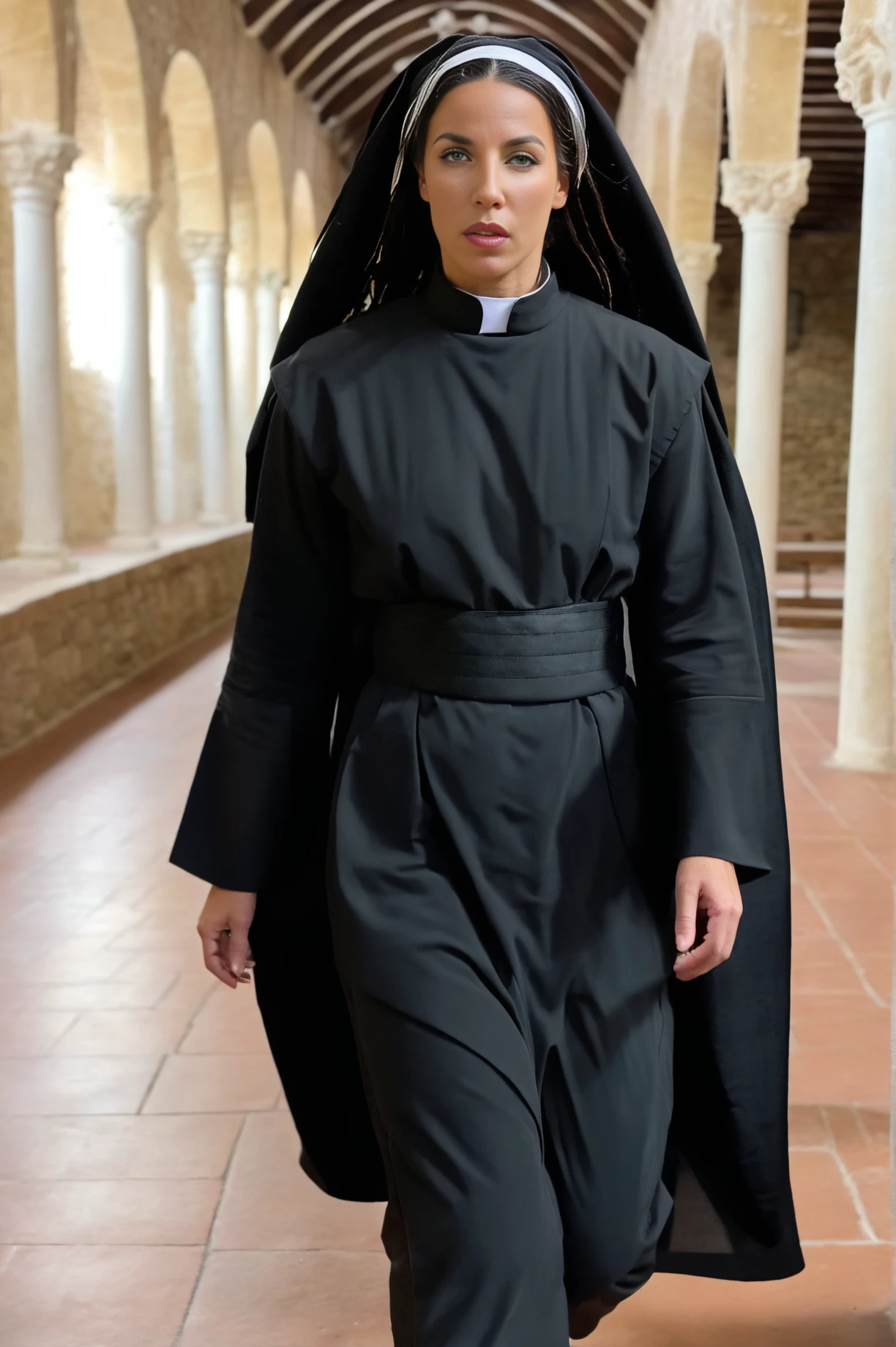 <lora:StikoudiSDXL:1>, StikoudiSDXL in nuns outifit, black rasta hair, green eyes, walking in a monastery