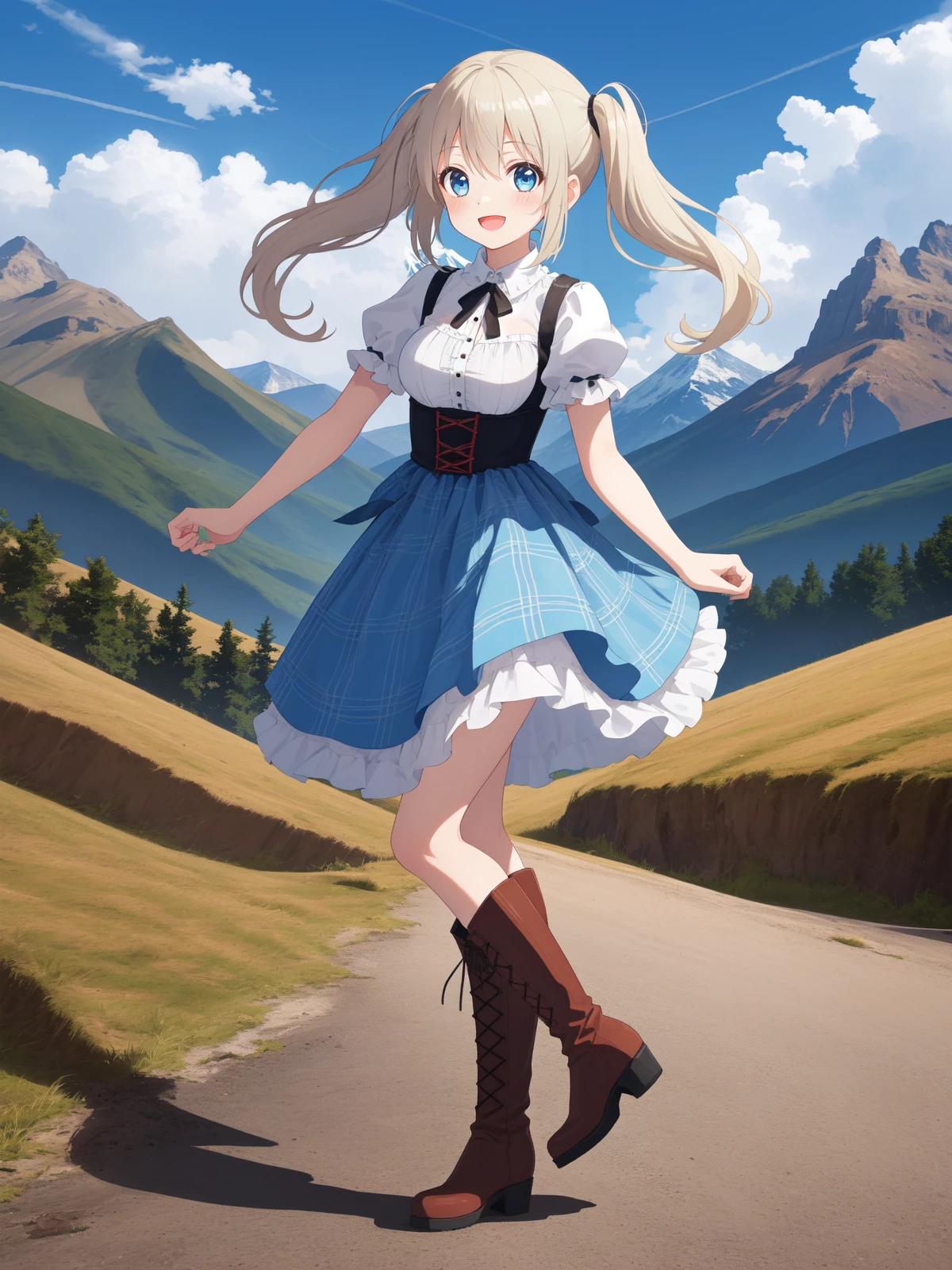 best quality, amazing intricate, cute girl, blue eyes, happy, :d, small breasts,
platinum blond hair, twintails, dirndl, plaid dress, plaid skirt, dancing,
full body, leather boots,
plateau, mountains in the distance