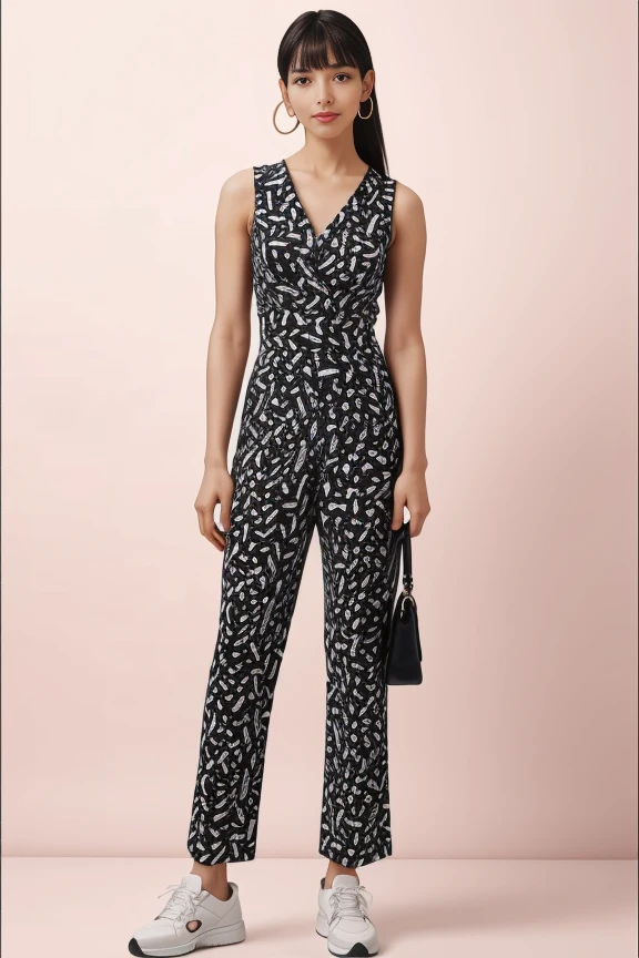 realistic, masterpiece, high detailed skin, looking at viewer, full body shot, white background
<lora:Black_Jumpsuit_By_Stable_Yogi:0.8> ju0mp0su0it2024-01-13, jewelry, earrings, shoes, hoop earrings, sneakers, handbag, pony tail, bangs