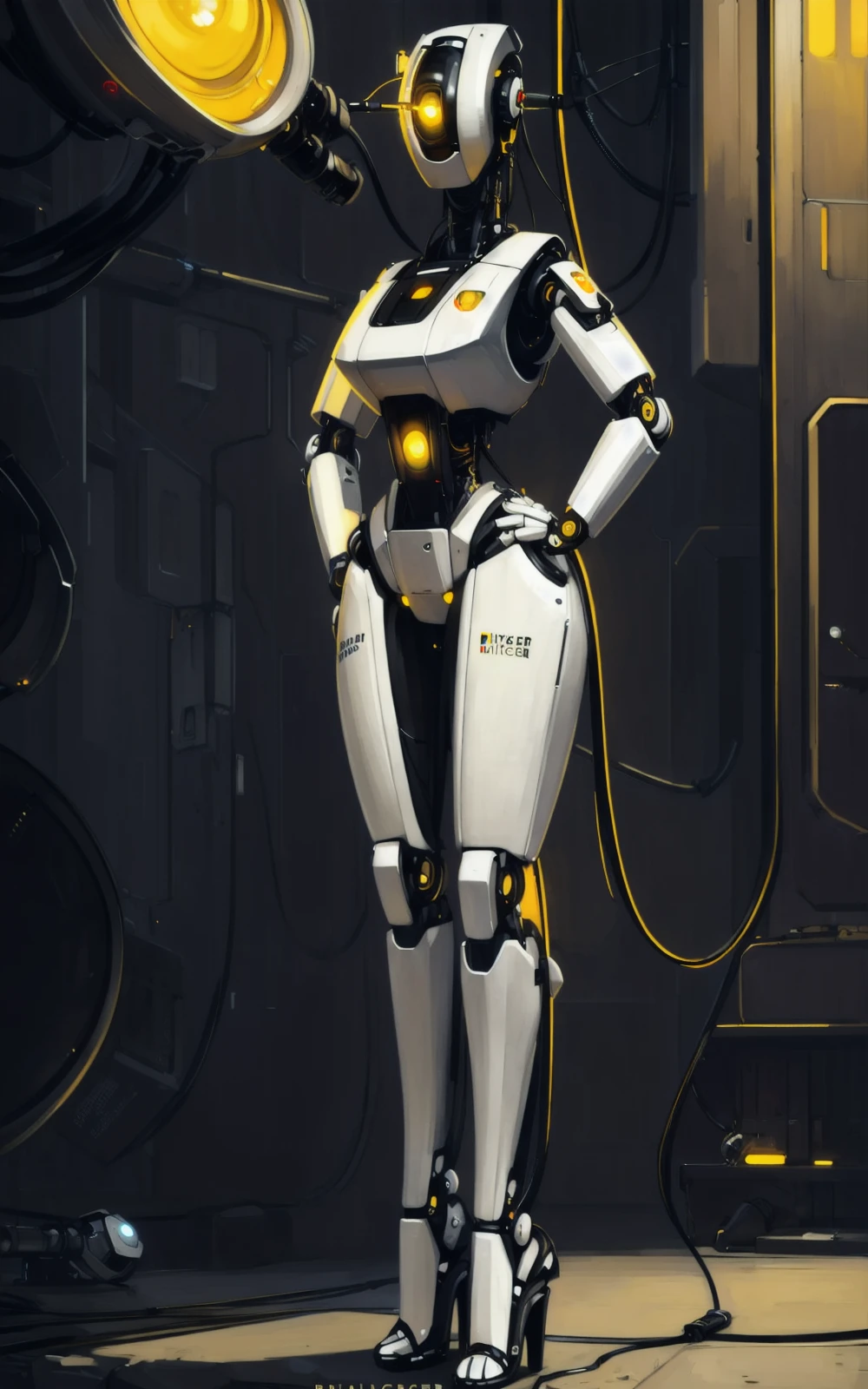 8k,4k,((Best quality, masterpiece, ultra high resolution)),((full body, by pixelsketcher)), <lora:GLaDOS:0.8>,GLaDOS,robot,humanoid robot,robot joints, joints,android,cyclops,yellow eye,one-eyed,no mouth, science fiction,female ,breast,heels,cable,hands on hip