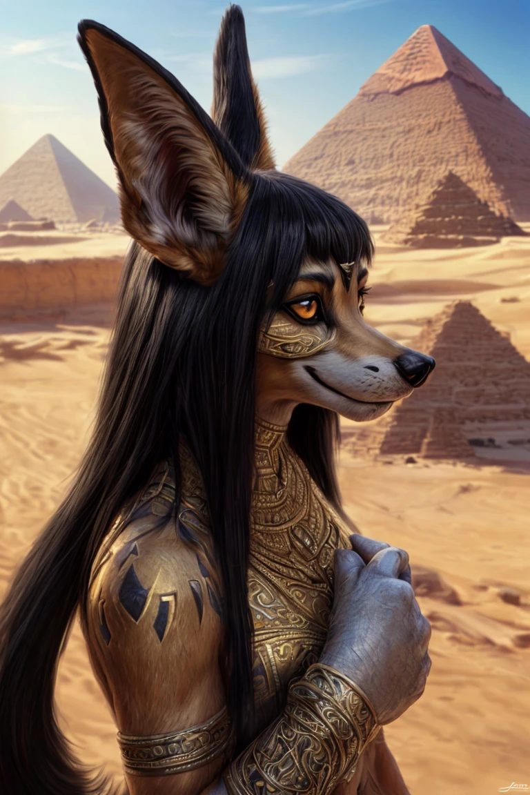 (sfw, 1girl, solo, furry, gynomorph, anubis /(mythology/), anubis, black hair, yellow eyes, glowing eyes, jackal, furry, jackal ears, dog nose, fluffy, looking at viewer, cowboy shot:1.6), (egyptian clothes, ankh, outdoors, egypt, desert, pyramids, day, sun, sunlight:1.5), (detailed background, intricate background, intricate details, hyper detailed, hyperrealistic:1.4), (magichands, masterpiece, high quality:1.3)