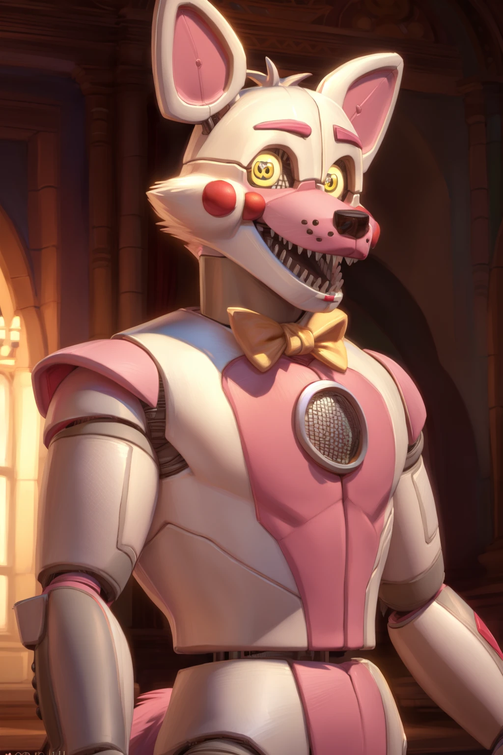 <lora:funtime_foxy-09:1>, funtimefoxy, (pink fur:1.2), two tone fur, two tone body, (pose:1.3), (posing:1.3), (soft shading), 4k, hi res, ((detailed face, (yellow eyes, detailed eyes:1.0), detailed)), by zackarry911, by zaush, (by personalami:0.5), 1boy, male focus, teeth, no humans, robot, sharp teeth, pizza box, joints, looking ahead, robot joints, open hands, humanoid robot, speaker, chest speaker
