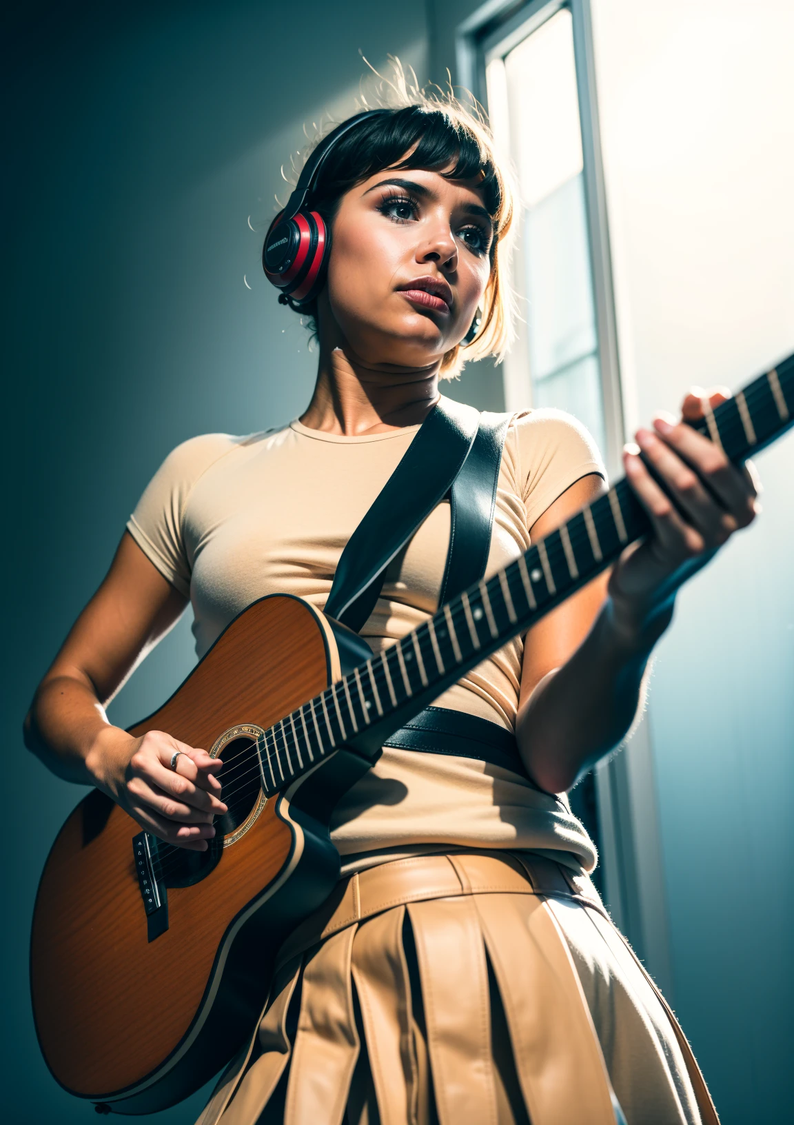 mobile photo, A cute pop singer (young woman) with short hair and symmetrical teary eyes holds a guitar and sings into headphones, wearing a pleated skirt, with a dynamic angle, exuding a melancholy emotion, soft glow of mid-day lighting, haze, atmosphere, humid, zoom, focus on face,