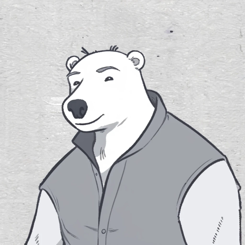Grayscale,cartoon,polar bear, man,<lora:pingunuldoll:0.8>