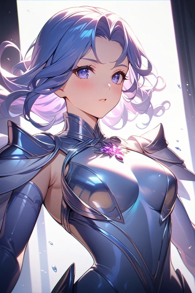 beautiful female warrior, short blue hair, shimmering jewels armor, in the style of Alfons Mucha, with emphasis on light play and the transparency of the glass, High and short depth of field, Ray tracing, FHD, hyper quality