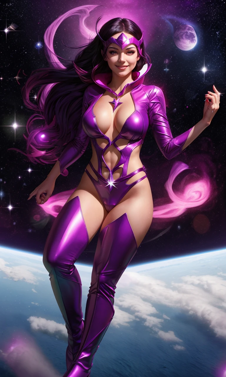 stsapph2024, 1girl, best quality, masterpiece, 5 fingers, depth of field, full body, 5 fingers, raw photo, photorealistic, violet bathing suit, floating in space, long boots, eye mask, black hair, smile, white collar, full body,