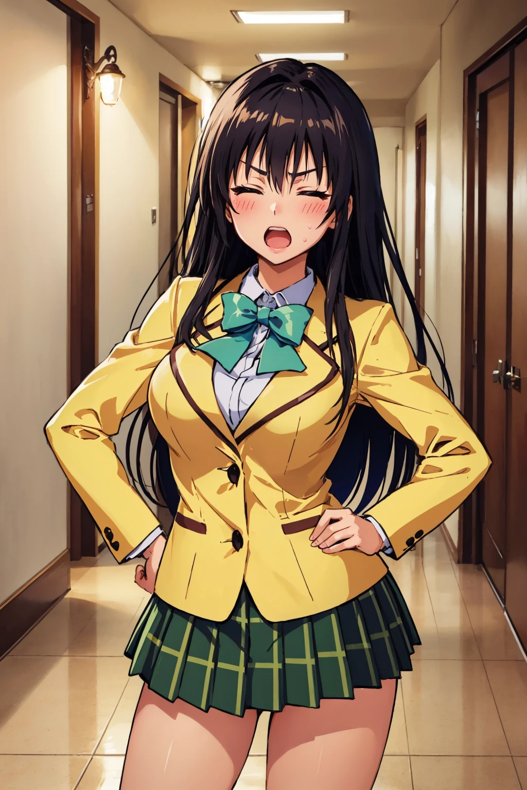 masterpiece, best quality, <lora:kotegawayui-nvwls-v1-000009:0.9> defYui, yellow blazer, long sleeves, green bowtie, plaid miniskirt, large breasts, closed eyes, open mouth, furrowed brow, annoyed, hand to hip, looking at viewer, blush, hallway, fist