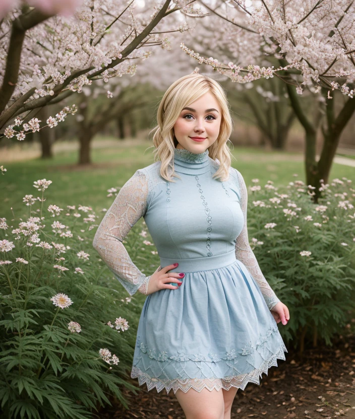 <m1sne>, woman, nature, Undergrowth, spring, upper body, Flowering, intricate, skirt lace, (dress, turtleneck), close portrait photo, seductive pose 