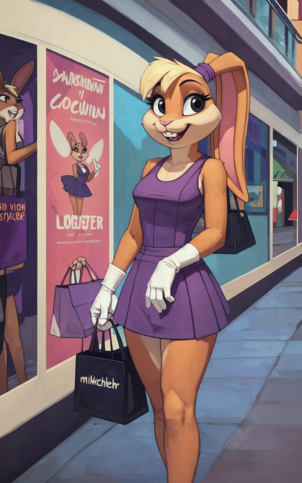 8k,4k,((Best quality, masterpiece, ultra high resolution)),((full body, by pixelsketcher)), <lora:LolaTLTS:0.6>,LolaTLTS,furry female, rabbit girl, furry,dress, animal ears, tail, rabbit ears, rabbit tail, purple dress, animal nose, black eyes, teeth,white gloves, sleeveless, ponytail, bare shoulders, sleeveless dress, hair tie,two-tone fur, buck teeth, blonde hair,short dress, eyelashes,mall,barefoot,(miniskirt),stores, posters,carrying bags