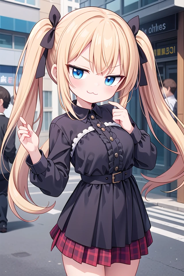 insanely detailed, absurdres, ultra-highres, ultra-detailed, best quality,
1girl, solo, nice hands, perfect hands,
BREAK
lanky,gothic dress,nylon clothes,denim dress,saddle jacket,red tartan-check pleated skirt
BREAK
(smirking, evil smile:1.2), closed mouth, (:3:1.3), v-shaped eyebrows, standing
BREAK
slender, kawaii, perfect symmetrical face, ultra cute girl, ultra cute face, ultra detailed eyes, ultra detailed hair, ultra cute, ultra beautiful,
BREAK
in harajuku, shibuya, tokyo, street, crowd, cityscape,
BREAK
medium large breasts,
blonde hair, blue eyes, twintails