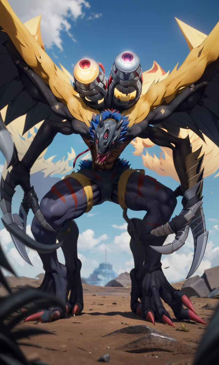 Millenniummon2024, best quality, masterpiece, depth of field, raw photo, photorealistic, monster, Digimon, 4 arms, claws, sharp teeth, two shoulder cannons, yellow phoenix. 1 horn