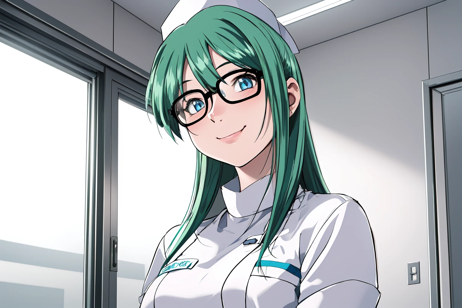 (RAW photo, best quality), 1girl, natural lighting, indoor, hospital, operating room, blush, smile, detailed face,
<lora:innai_kansen_orikawa_satsuki_v2_2-000004:1>, orikawa satsuki, nurse uniform, nurse cap, eyeglasses,