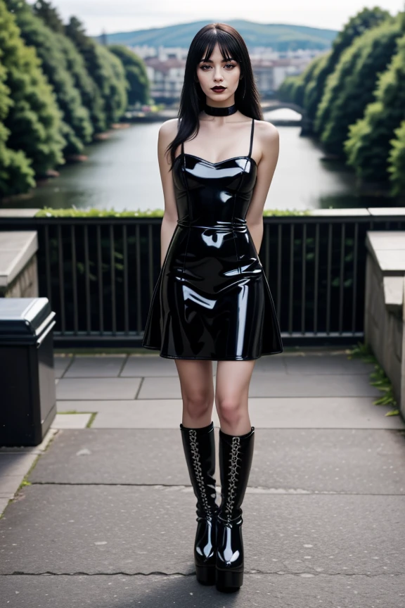 realistic, masterpiece, high detailed skin, looking at viewer, full body shot, scenic view, long hair, black hair
<lora:Latex_Gothic_Short_Dress_By_Stable_Yogi:1> latex pattern, gothic short black dress, bare shoulders, choker, fishnets, platform boots, bag