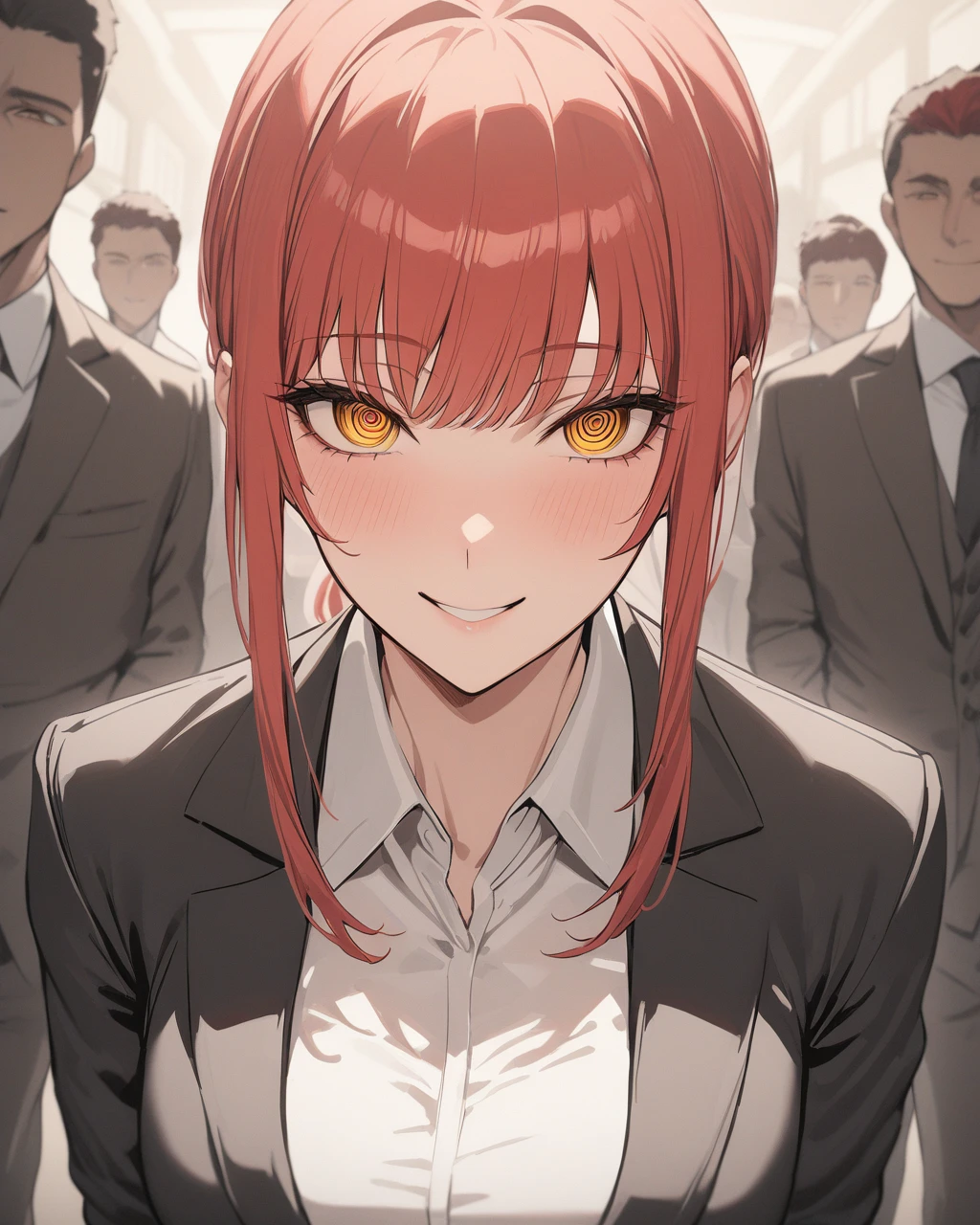 <lora:makima_lokr_sdxl_1200:1>, 1girl, looking at viewer, smile, bangs, shirt, red hair, yellow eyes, white shirt, sidelocks, red hair, multiple boys, solo focus, collared shirt, medium hair, formal, suit, ringed eyes
, masterpiece, best quality
