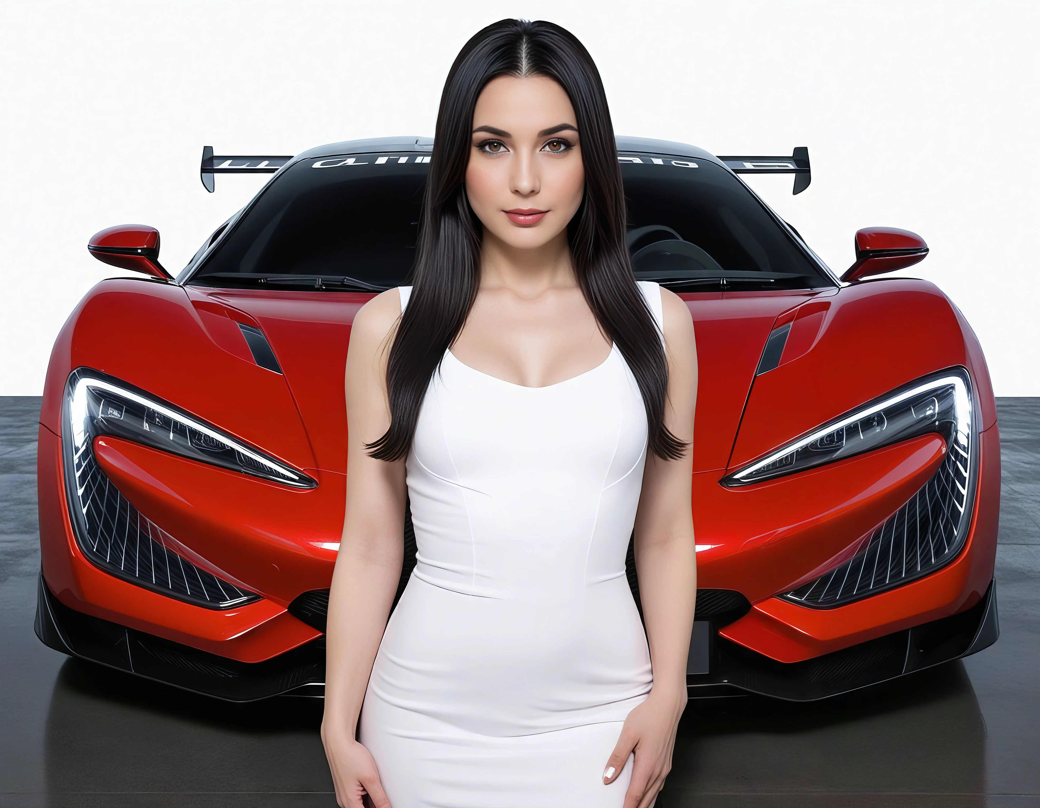 A beautiful japanese woman with long black hair, white skin, wearing glossy black puffer dress, abstract art gallery
(BYD:1.1), A red sports car with a front-facing view. It includes a rear spoiler, distinctive headlights, and a front grill, with a European-style license plate that reads ("DENNIS":1.3)