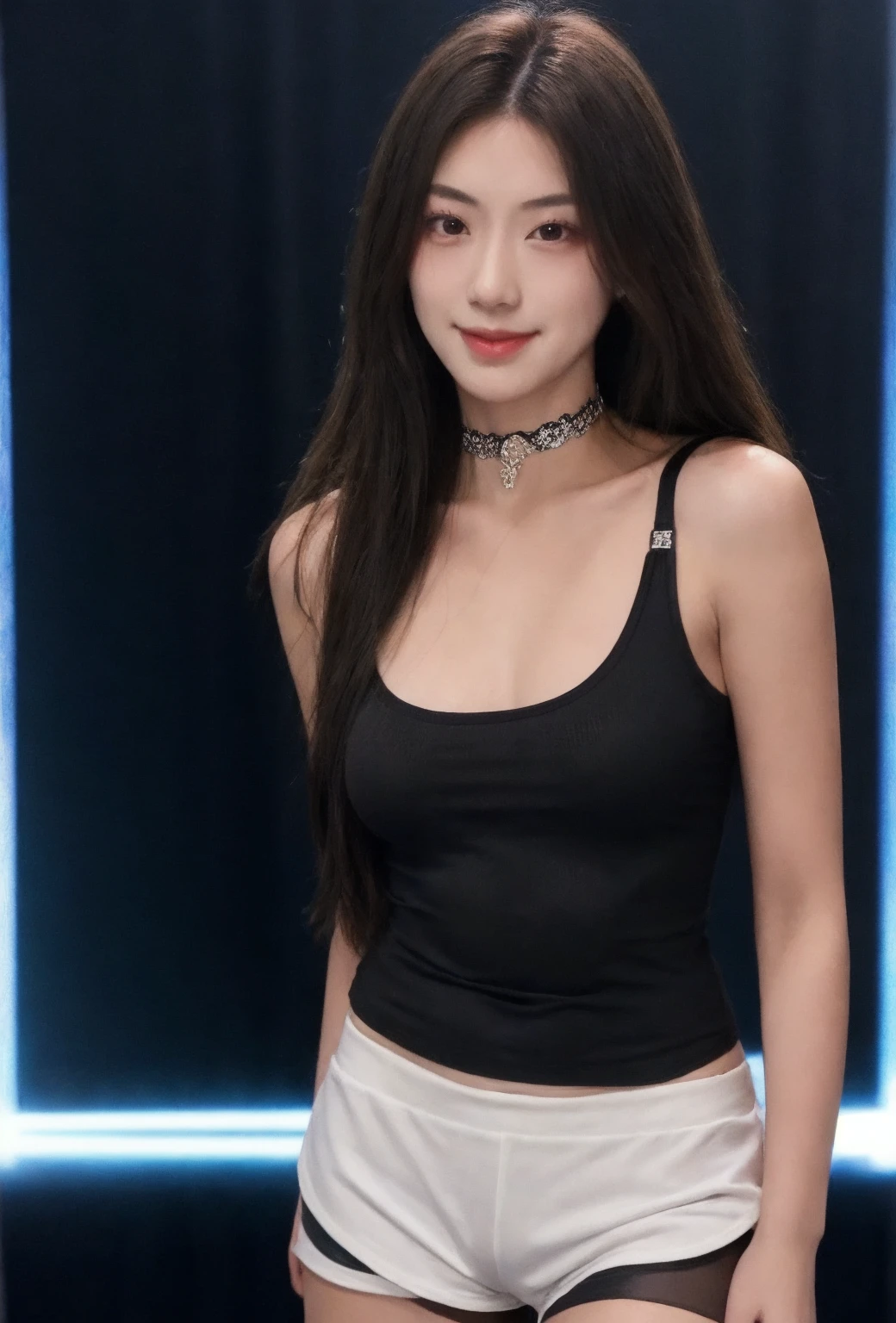 1girl, high quality,  looking at viewer,  nightclub, tanktop, lace ,bike shorts, tights,cameltoe, arms behind back, upper body, choker,shiny skin,blush, skin tight, stage lights, blush, see-through, pale skin, (smile:0.1), long hair, eyeshadow, 
 <lora:hjmy_v4-000008:0.7>