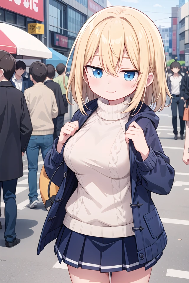 insanely detailed, absurdres, ultra-highres, ultra-detailed, best quality,
1girl, solo, nice hands, perfect hands
BREAK
duffle coat, (turtle neck sweater:1.2), Pleated skirt
BREAK
happy smile, laugh, closed mouth, standing,
,
seductive pose, cowboy shot
BREAK
slender, kawaii, perfect symmetrical face, ultra cute girl, ultra cute face, ultra detailed eyes, ultra detailed hair, ultra cute, ultra beautiful
BREAK
shibuya, akihabara, tokyo, street, crowd, cityscape
BREAK
large breasts,
(blonde medium hair, blue eyes), hair between eyes