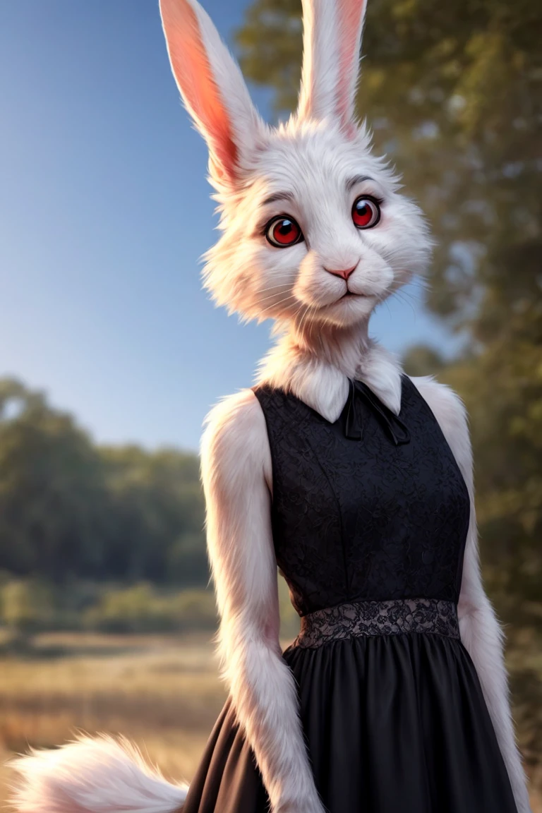 detailed face eyes and fur, RAW Photo, realistic, 1girl, solo, rabbit girl, clothed, body fur, white rabbit, white fur, detailed fluffy fur, looking at viewer, red eyes, black dress, upper body