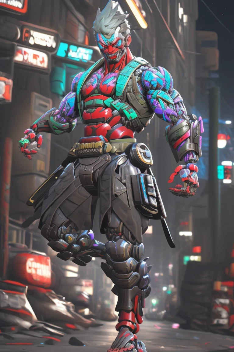 1boy,male focus,<lora:CyberGenji:1>,cybergenji,<lora:Cyberworld_20230622141420-000018>,Cyberworld,solo,cyborg,sandals,fangs,ninjamecha,mechanical arms,2d,street,neon lights,night,