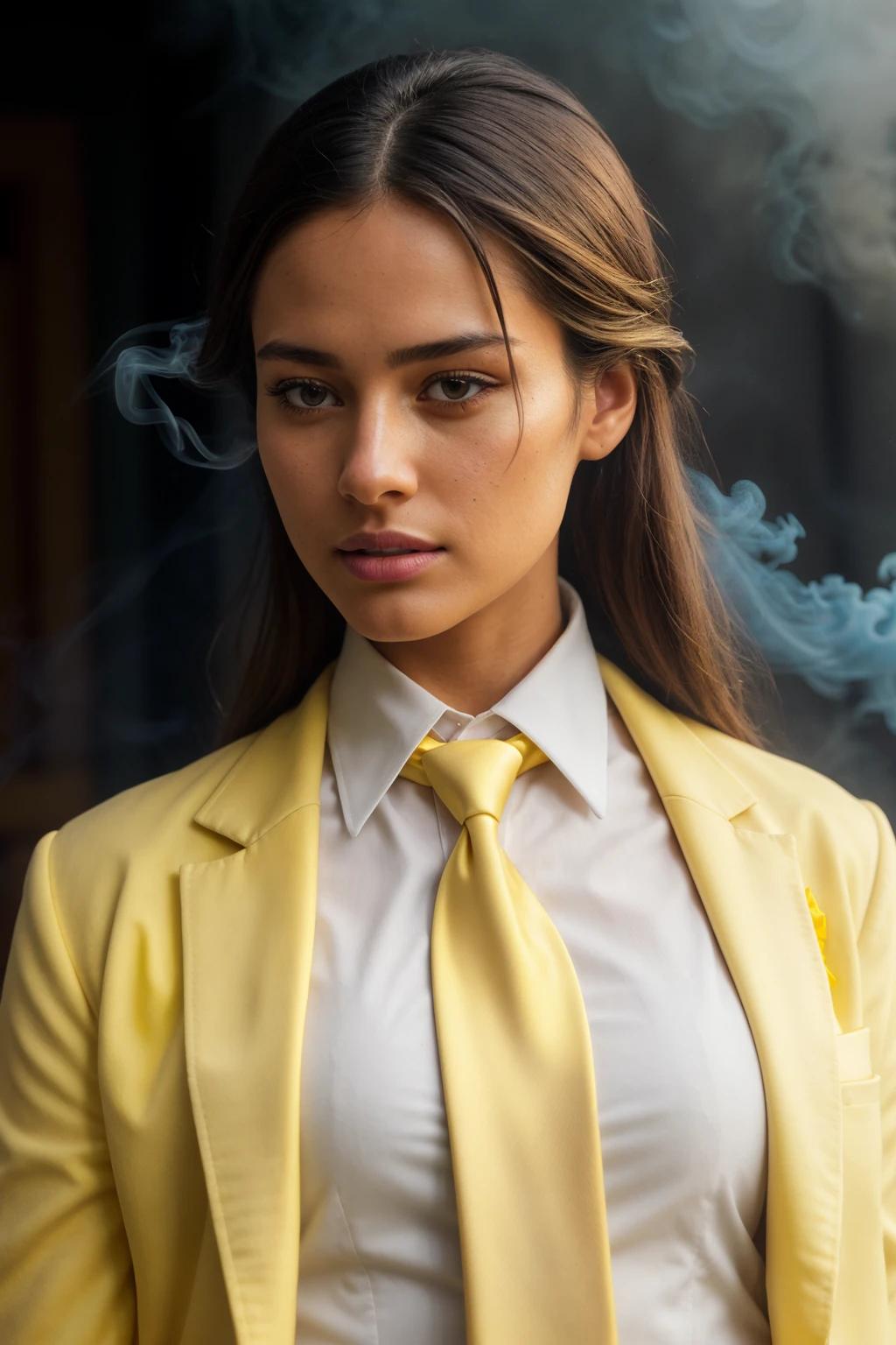 (CINEMATIC SHOT:1.4)(Crowded College Campus:1.4) ((CLOSE-UP SHOT, ZOOM ON FACE:1.3)) (College Girl TrualityCampus_Rosita:1.1) (tucked White Formal Shirt 1.3)(Yellow Blazer:1.4)(Necktie:1.5)(Jeans:1.4)((Photo Focus, DOF, Aperture, insanely detailed and intricate, character, hypermaximalist, elegant, ornate, beautiful, exotic, revealing, appealing, attractive, amative, hyper realistic, super detailed, heresy flares))(volumetric yellow smoke:1.3) (standing in front of a college entrance)