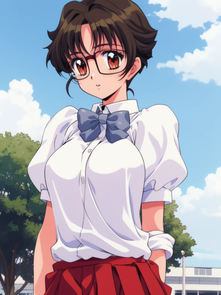 <lora:fujisaki_mika:0.8> fujisakimika, 1girl, solo, large_breasts, glasses, school_uniform, white_sleeve, red_skirt, gray_bow, sky,
masterpiece, high quality, very_high_resolution, large_filesize, full color,