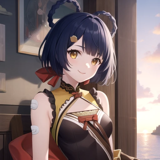 ((masterpiece)),(best quality),official art,extremely detailed CG,unity 8k wallpaper,ultra detailed,A lighthouse on a cliff by the sea,1girl,solo,upper body,(portrait:1.2),looking at viewer,fingerless_gloves,blue_hair,bandaid_on_leg,smile,bandaid_on_knee,chinese_clothes,braid,yellow_eyes,hair_ornament,boots,short_hair,small_breasts,china_dress,sleeveless,hair_rings,hairclip,bell,bare_shoulders,bangs,black_gloves,thigh_strap,pelvic_curtain,<lora:Xiangling(gen)>,